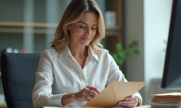 Femme d'âge moyen insérant des documents dans une enveloppe au bureau