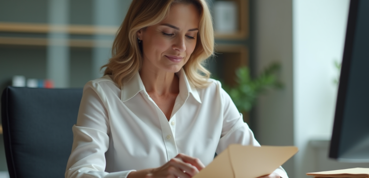 Femme d'âge moyen insérant des documents dans une enveloppe au bureau