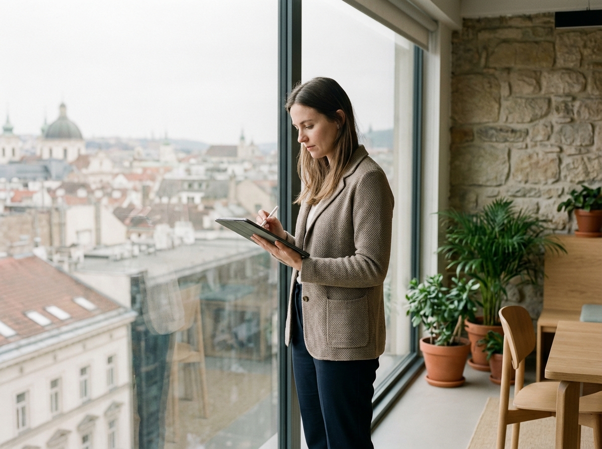 Jeune femme travaillant sur une tablette avec vue urbaine