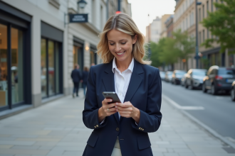 Femme d'âge moyen en blazer navy et blouse blanche dans la ville