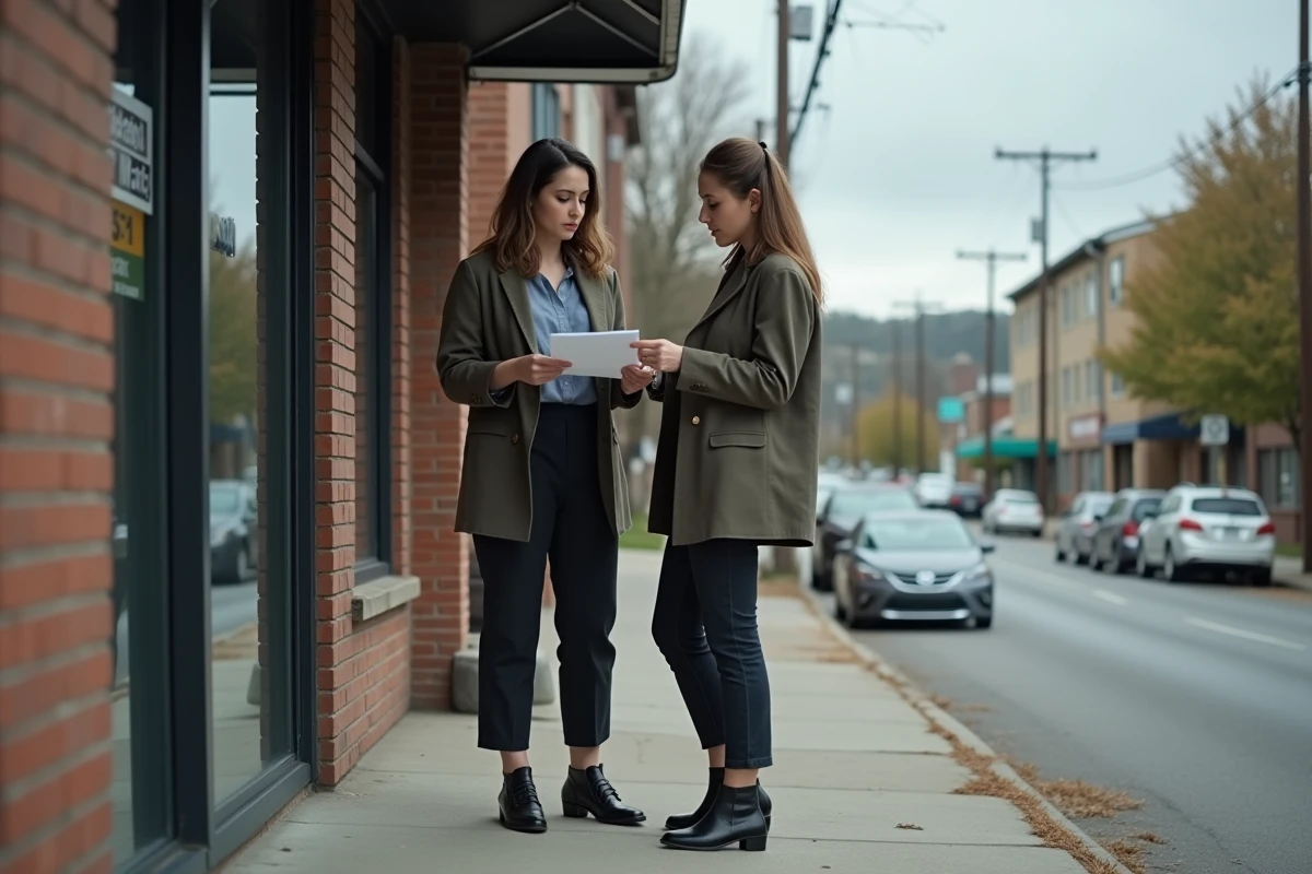 Deux femmes discutant devant un bâtiment commercial