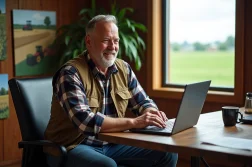 Fermeur assis à un bureau avec ordinateur et brochures agricoles