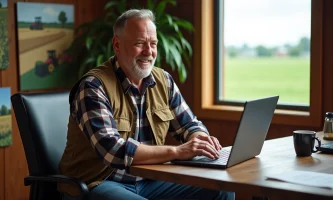 Fermeur assis à un bureau avec ordinateur et brochures agricoles