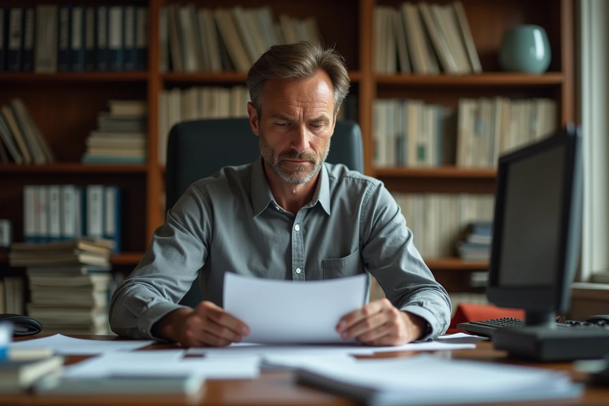 Fonctionnaire en milieu administratif examinant des documents officiels dans un bureau institutionnel français
