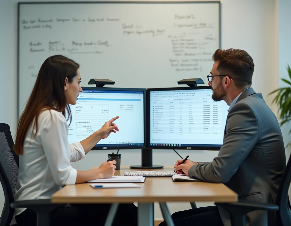 Deux collègues en session de formation sur le logiciel CegidLife identifiant ensemble des erreurs courantes sur un poste de travail partagé