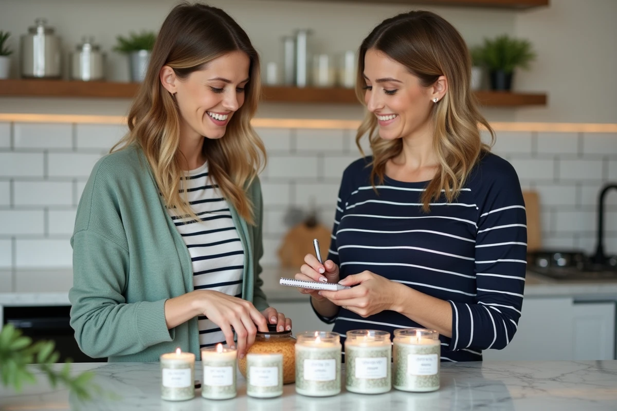 Deux femmes lors d'une formation Partylite My Business autour d'un comptoir de cuisine avec des produits de bougies exposés