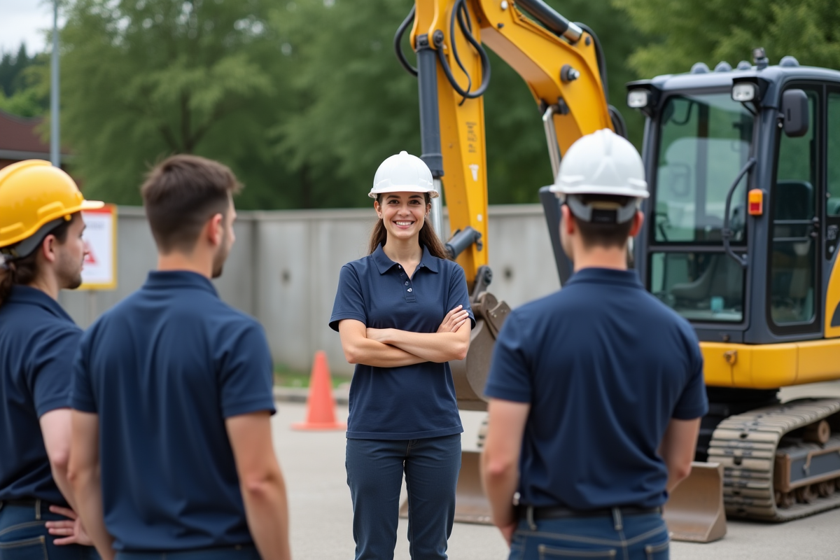 Jeune femme formant des stagiaires avec un miniexcavator