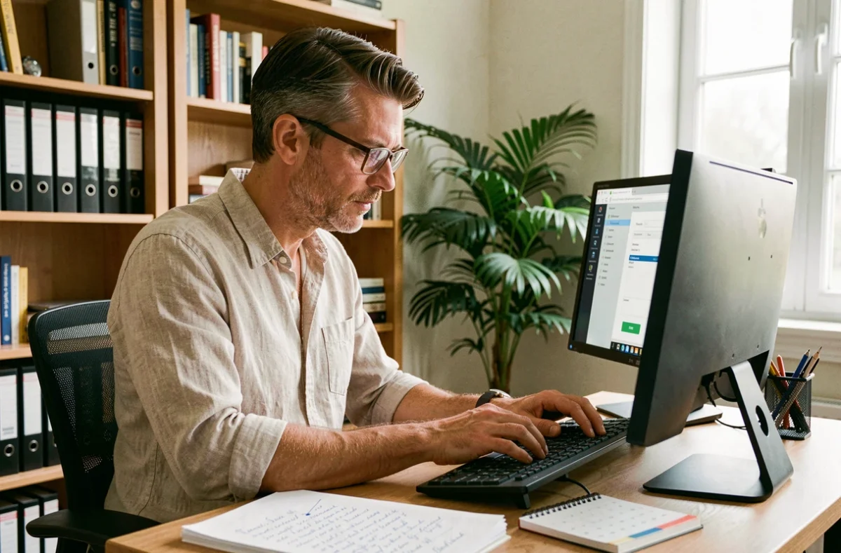 Freelance en télétravail remplissant un formulaire de facturation en ligne dans son bureau à domicile