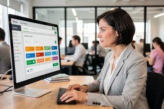 Femme professionnelle gérant les droits d'accès utilisateurs sur un tableau de bord numérique en open space