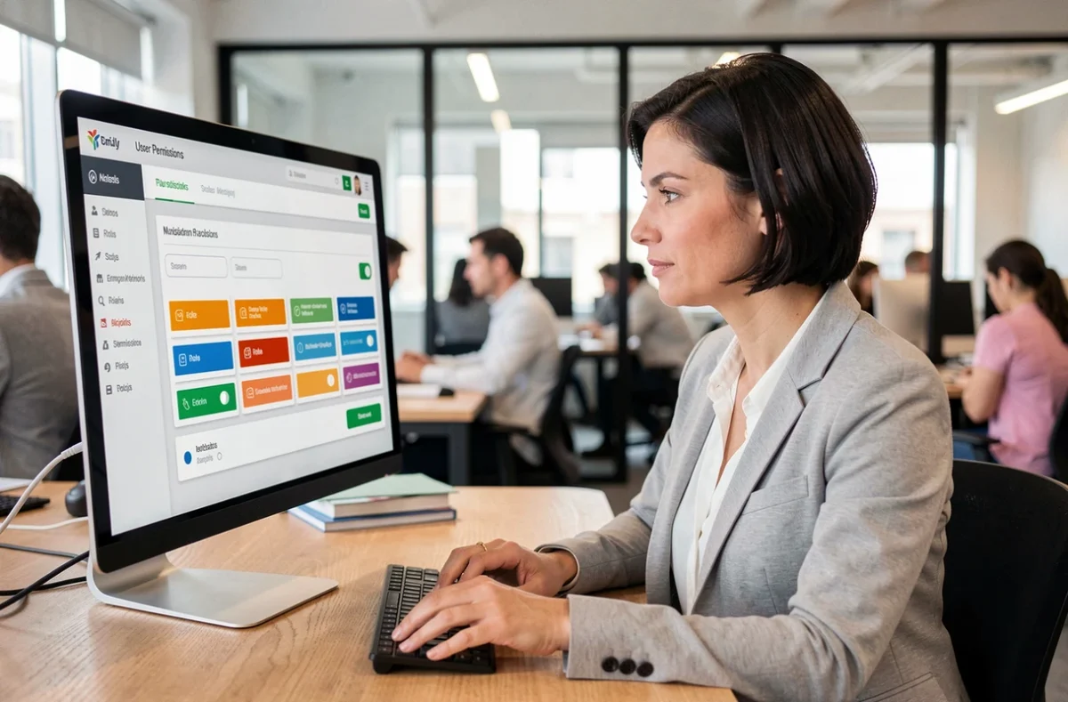Femme professionnelle gérant les droits d'accès utilisateurs sur un tableau de bord numérique en open space