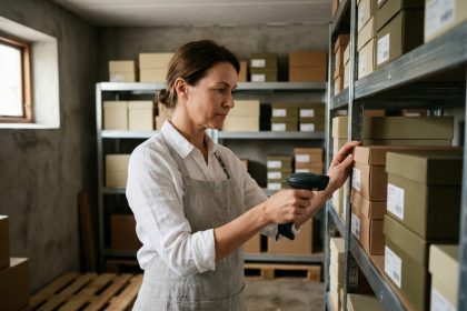 Gérante de boutique scannant des boîtes dans un entrepôt bien organisé pour gérer ses stocks efficacement