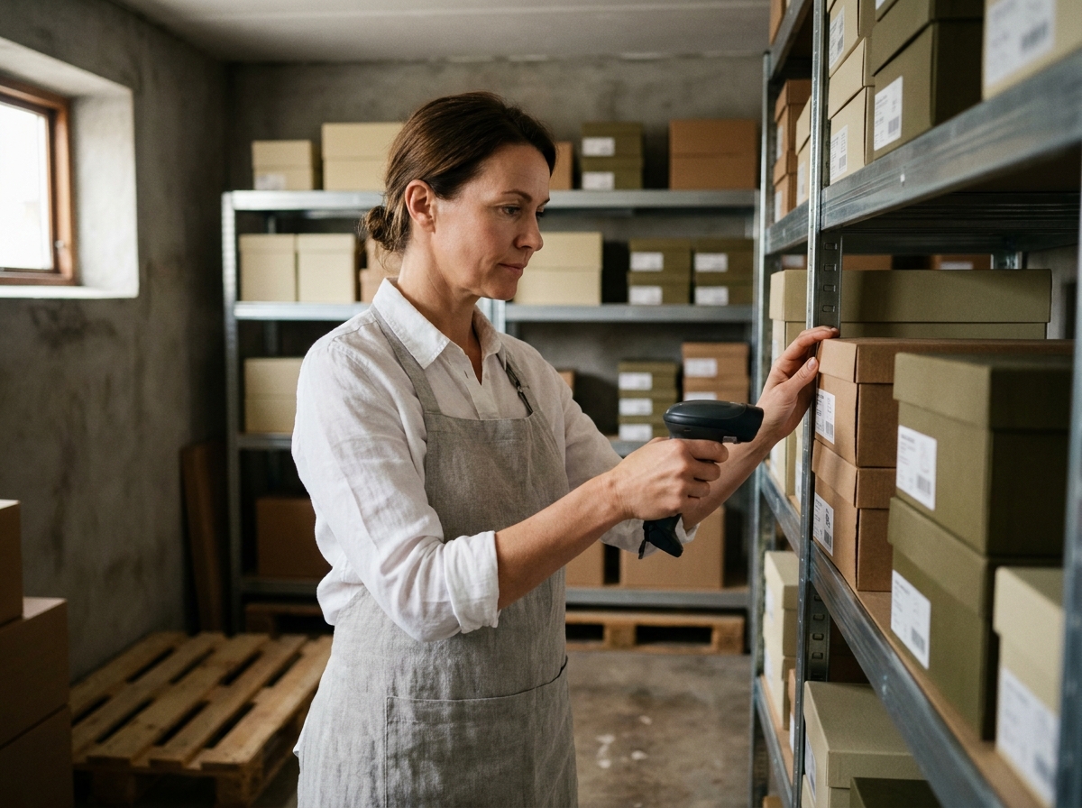 Gérante de boutique scannant des boîtes dans un entrepôt bien organisé pour gérer ses stocks efficacement