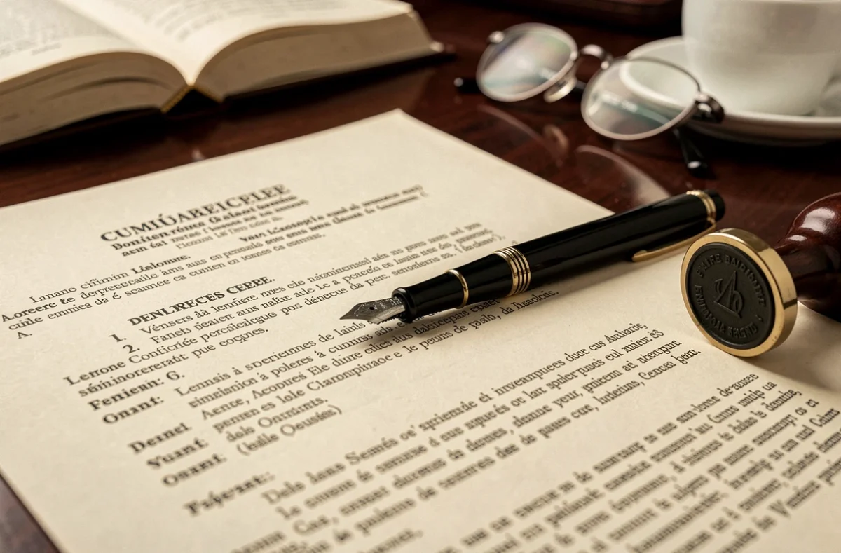 Gros plan d'un contrat de prestation juridique avec stylo plume sur bureau en bois, illustrant le code NAF avocat