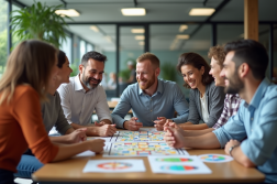 Groupe d'adultes jouant à un jeu de société en équipe