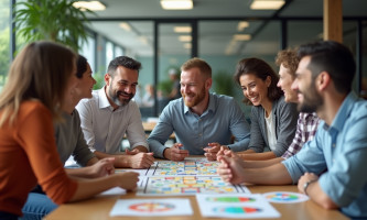 Groupe d'adultes jouant à un jeu de société en équipe