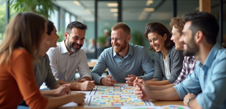 Groupe d'adultes jouant à un jeu de société en équipe