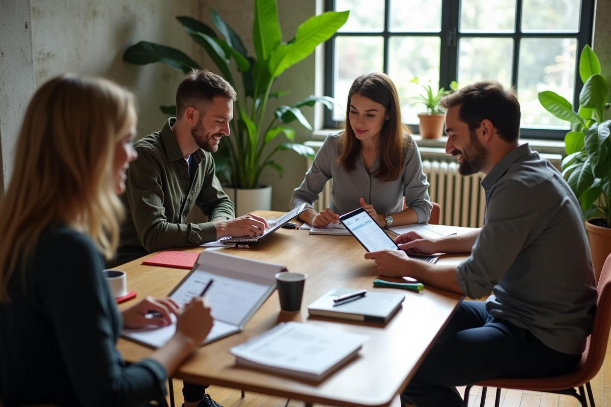Groupe d'entrepreneurs consultant le programme de l'événement Frenchy 2026 autour d'une table dans un espace de coworking moderne