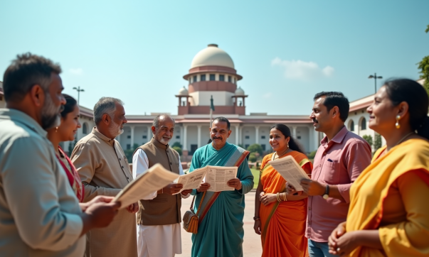Groupe d'Indiens devant le parlement en discussion