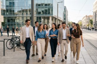 Groupe de jeunes professionnels dans Montpellier en mouvement