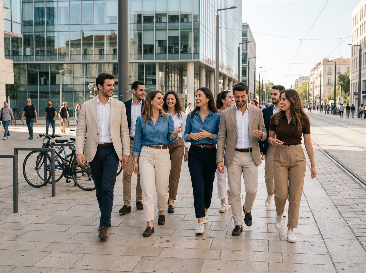 Groupe de jeunes professionnels dans Montpellier en mouvement