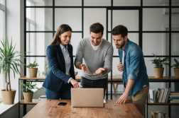 Trois jeunes professionnels collaborant dans un bureau moderne