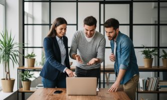 Trois jeunes professionnels collaborant dans un bureau moderne