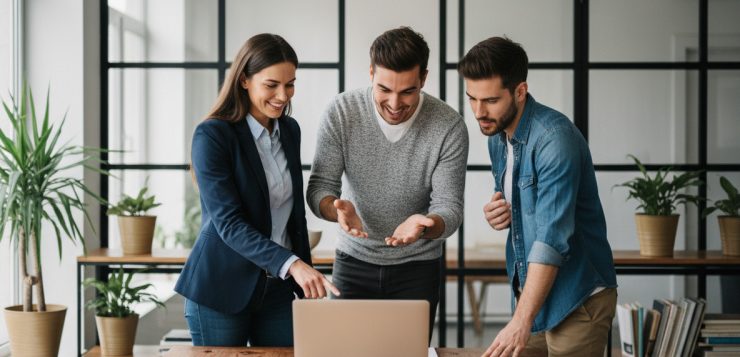 Trois jeunes professionnels collaborant dans un bureau moderne