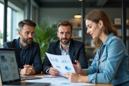 Trois professionnels en réunion dans un bureau moderne