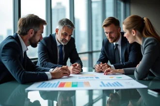 Groupe de professionnels en réunion dans une salle moderne