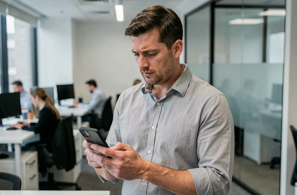 Homme accédant à son compte de stockage de fiches de paie sur smartphone lors d'un changement d'employeur