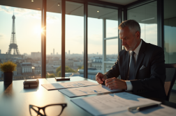 Homme d'affaires en costume dans un bureau parisien