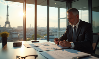 Homme d'affaires en costume dans un bureau parisien
