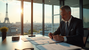 Homme d'affaires en costume dans un bureau parisien