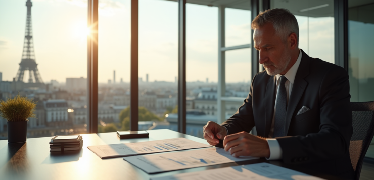 Homme d'affaires en costume dans un bureau parisien