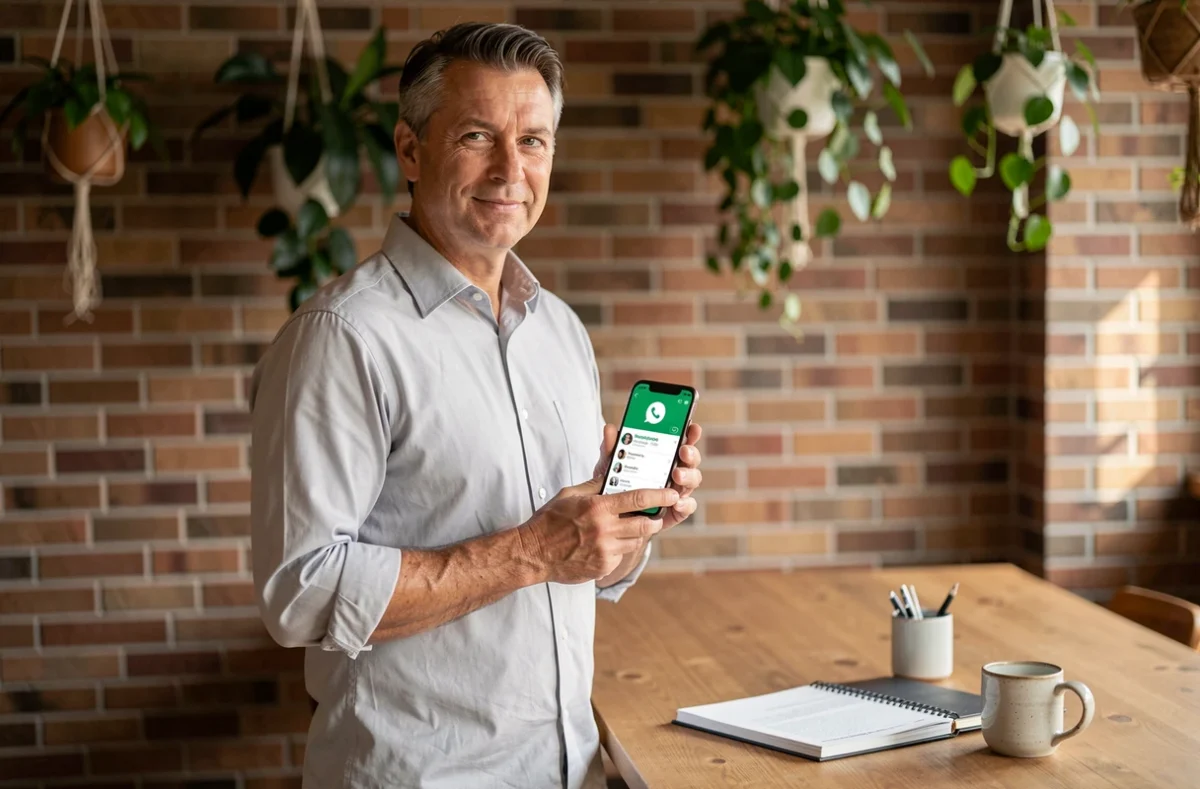 Homme d'affaires consultant les réglages de son profil WhatsApp Business dans un espace de coworking