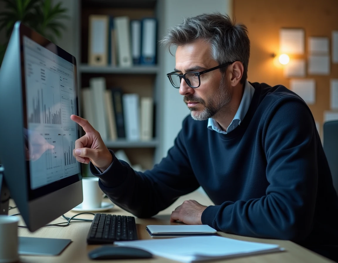 Homme d'affaires identifiant une erreur sur un tableau de bord de logiciel RH CegidLife dans un bureau administratif