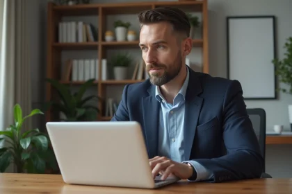 Homme en blazer bleu dans un bureau moderne pour l'article titre