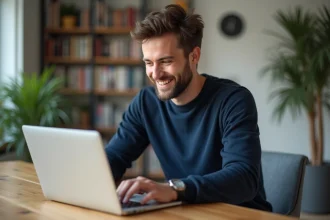 Homme souriant utilisant un ordinateur pour consulter Affumt