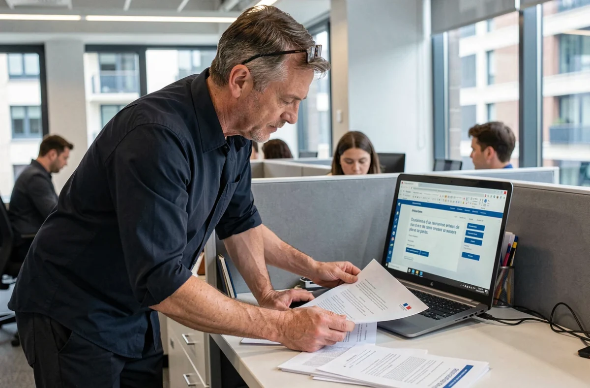 Homme consultant le répertoire Sirene sur ordinateur dans un bureau professionnel moderne