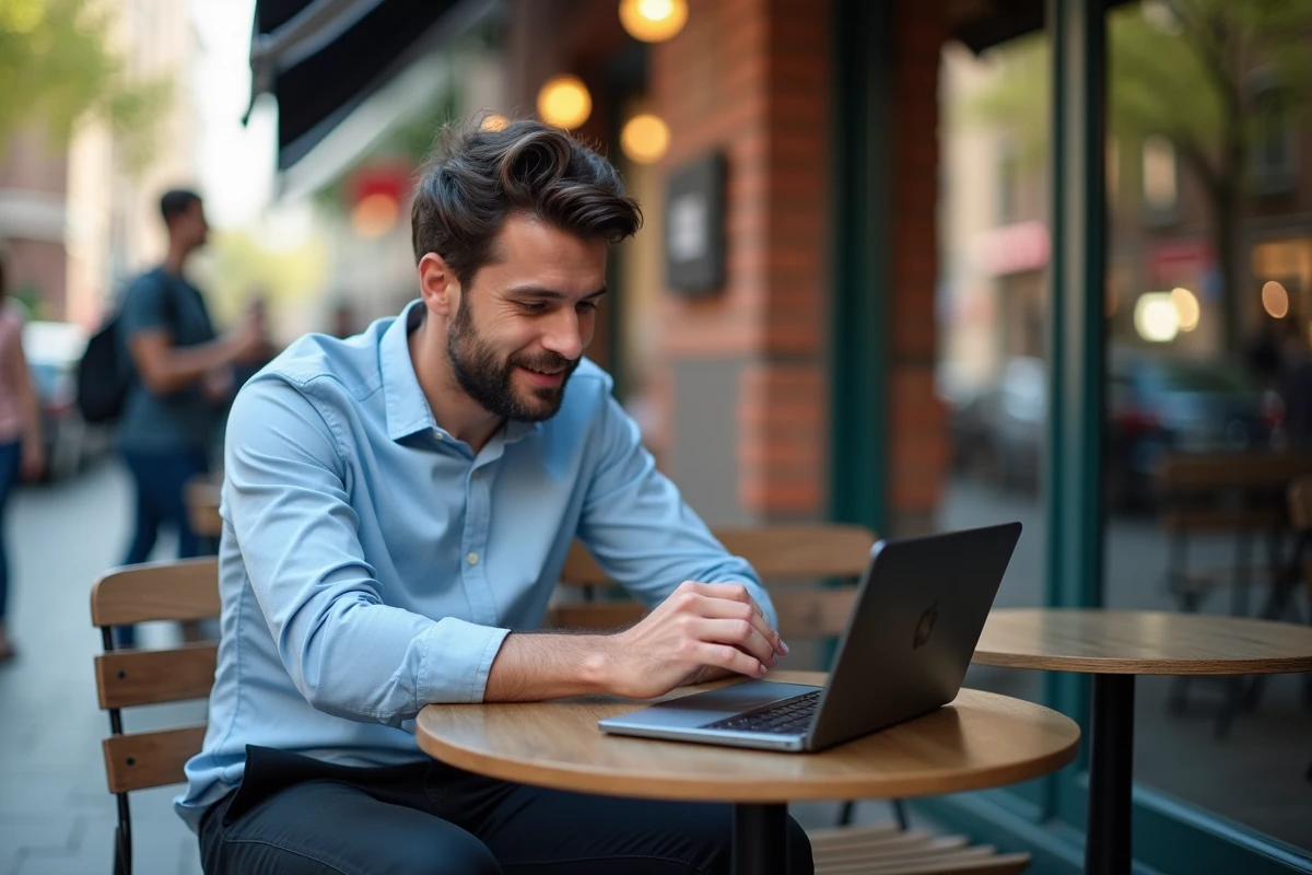 Homme en vidéo appel sur tablette dans un café urbain