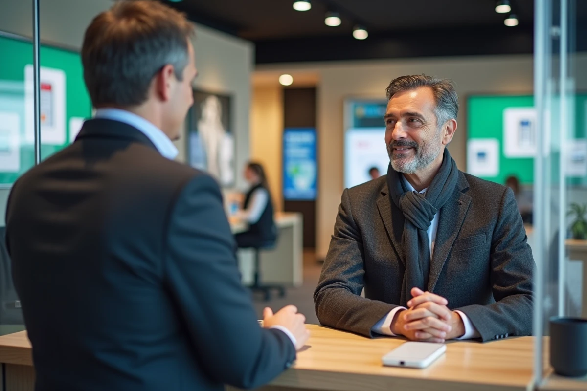 Homme en veste discutant avec un conseiller en boutique télécom