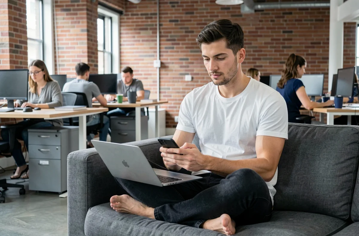 Jeune homme en remote job dans un espace de coworking moderne, représentant les secteurs qui recrutent en full remote en France sans diplôme élevé