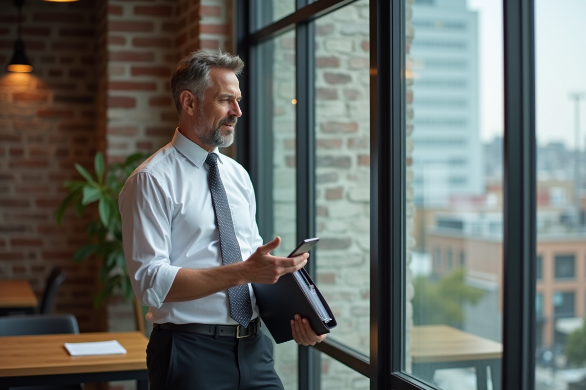 Homme en coworking discutant avec smartphone et dossier