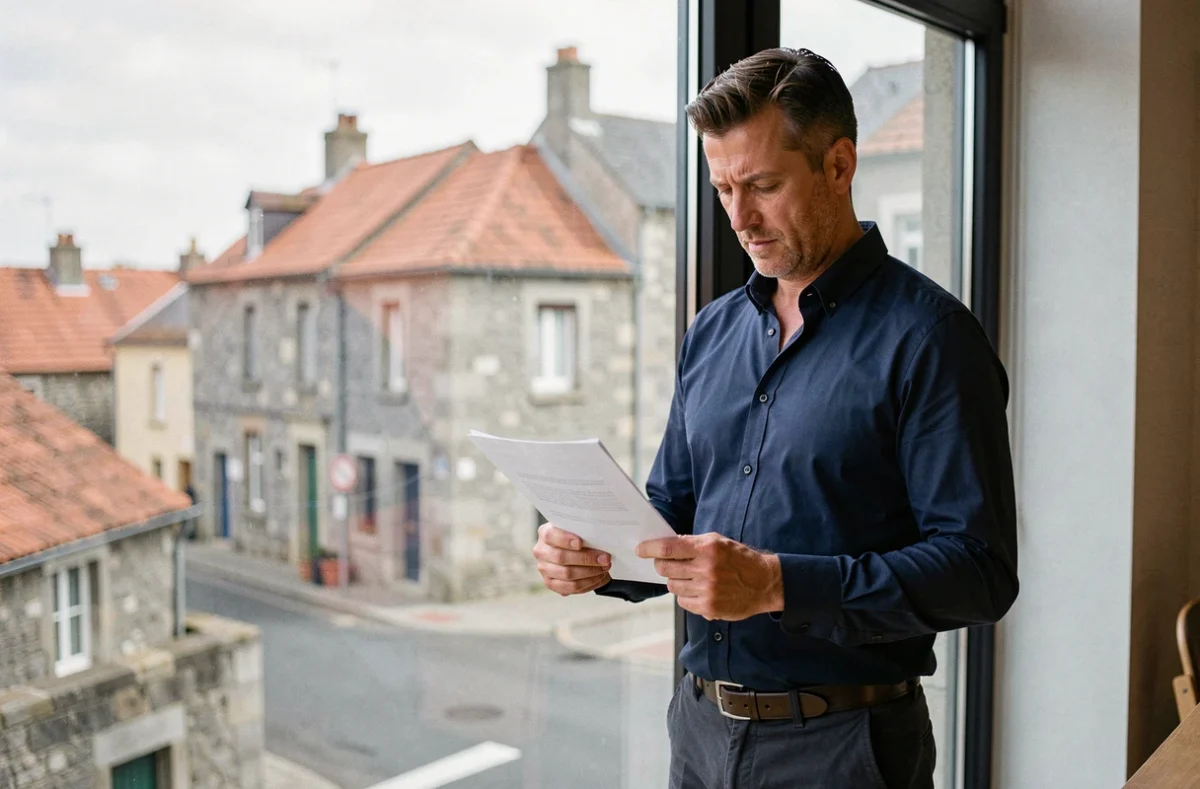 Homme en espace de coworking avec vue sur les toits de Lannion en Bretagne