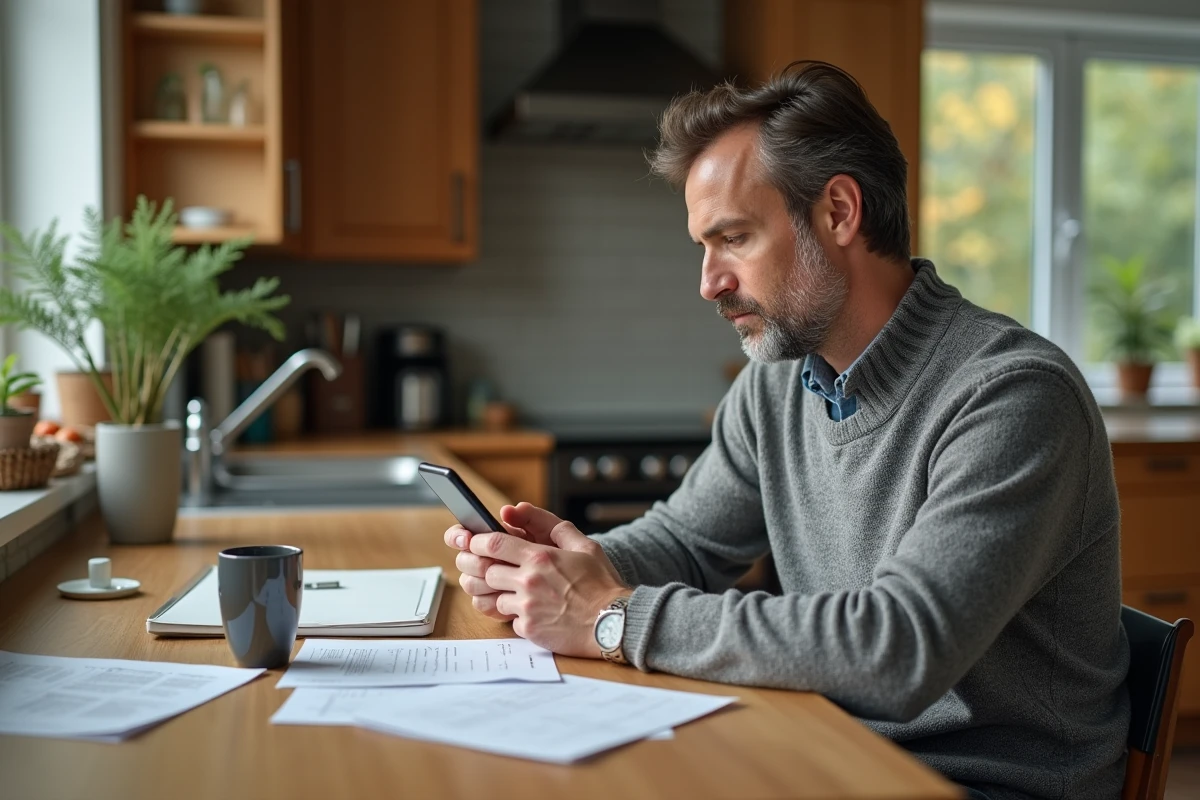 Homme détendu dans sa cuisine en train de lire