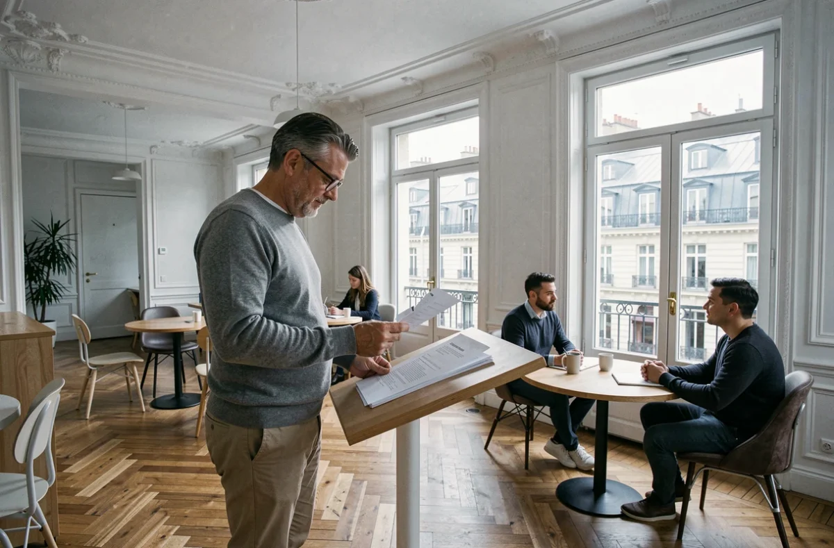 Homme debout à un bureau dans un espace de coworking haussmannien du 17e arrondissement de Paris