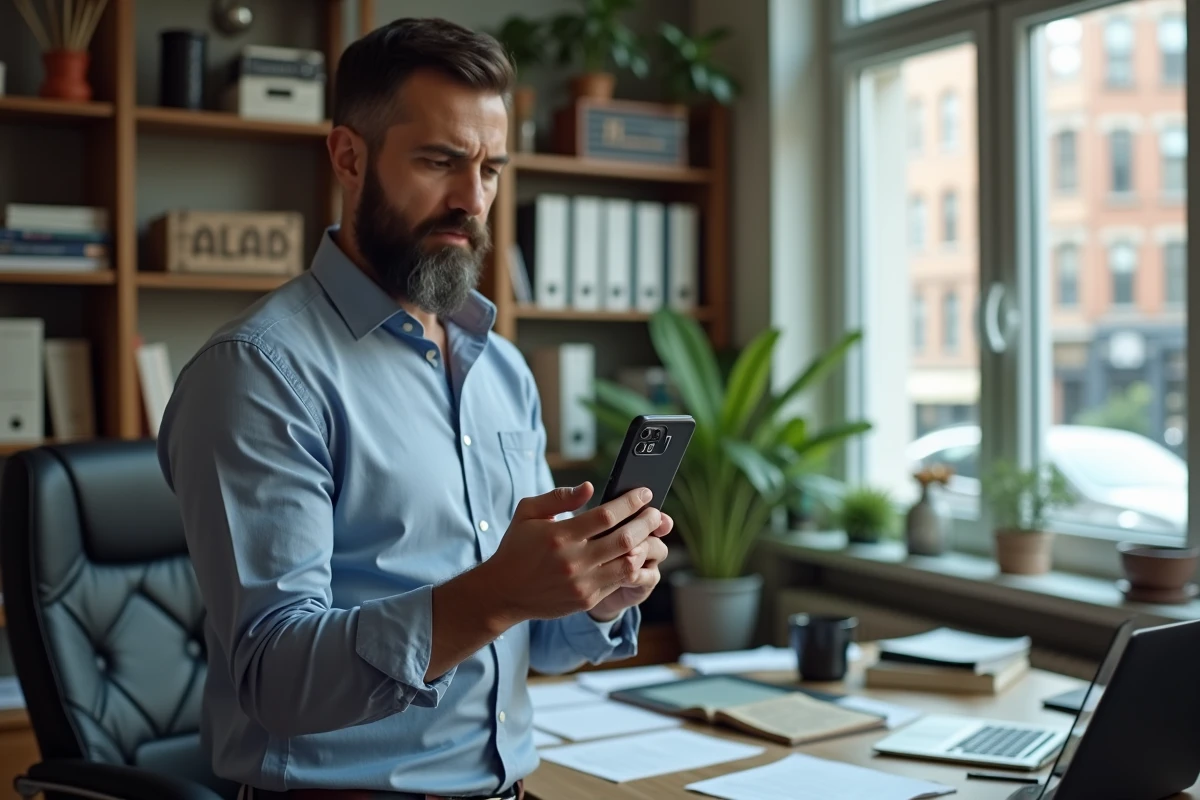Homme en télétravail recevant un appel téléphonique non sollicité sur son smartphone avec un numéro en 09 affiché à l'écran
