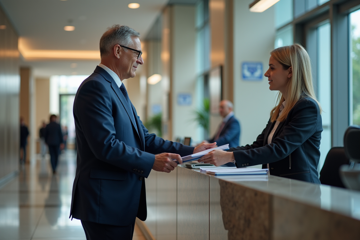 Homme en costume déposant un dossier au guichet administratif