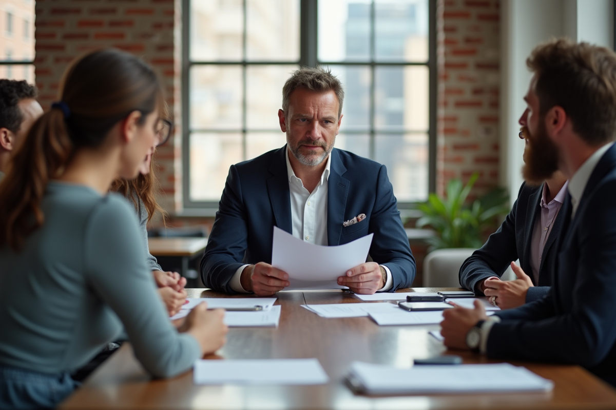 Homme en costume discutant avec collègues autour d une table