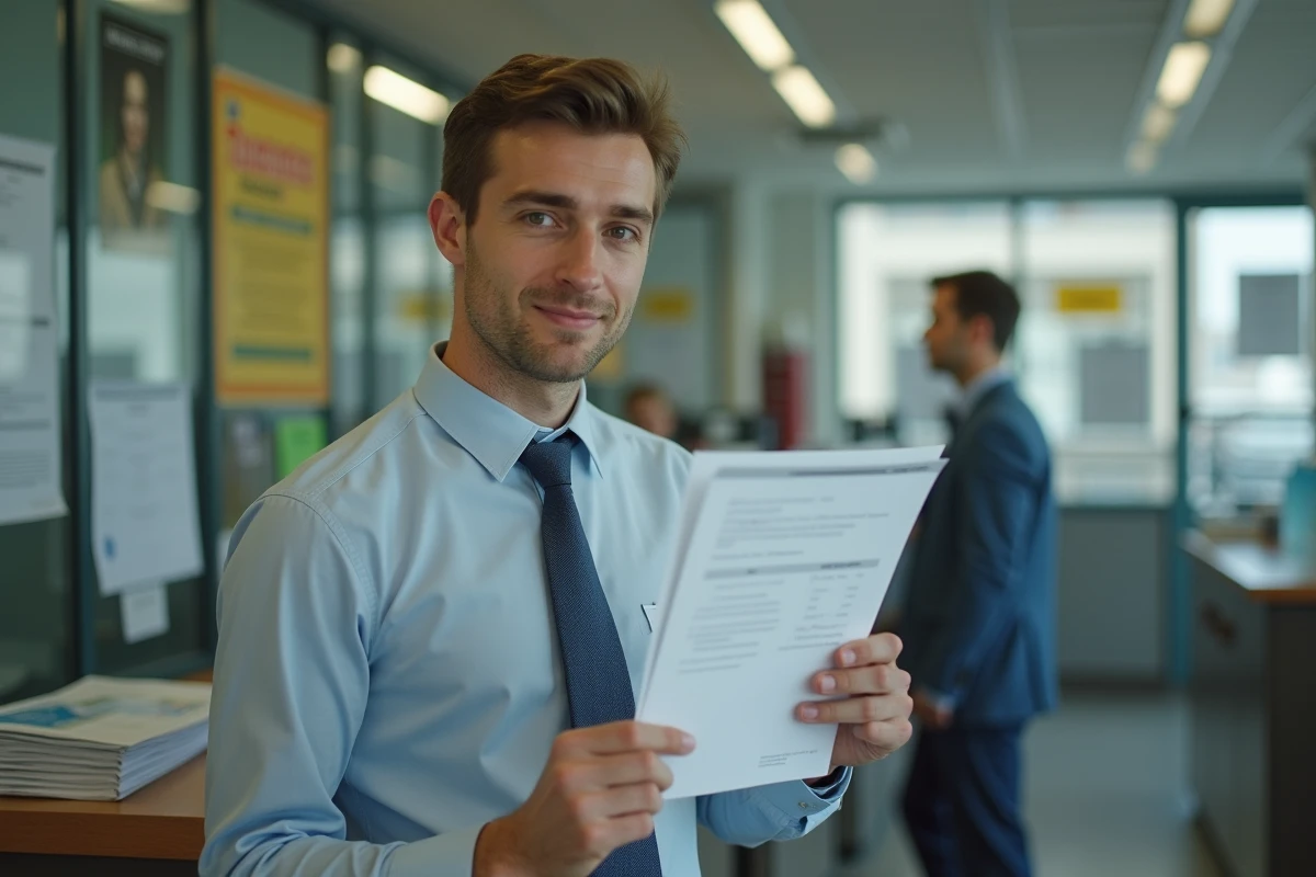 Jeune homme avec document dans un bureau public